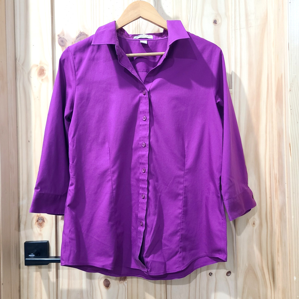 Coldwater Creek No Iron Purple 3/4 Sleeve Button Up Shirt Packable Travel Size M